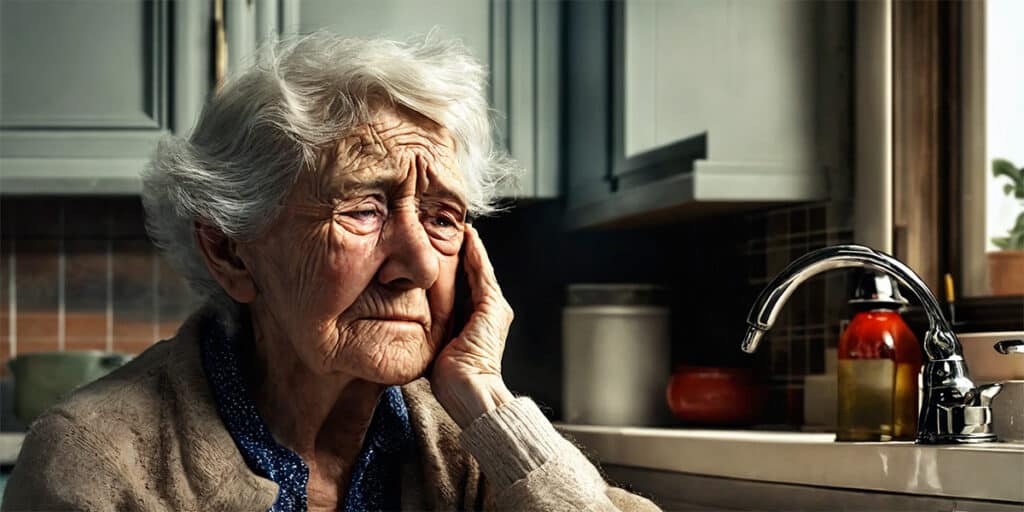 An elderly individual clutching their cheek in discomfort stands by the kitchen sink, displaying signs of a toothache.