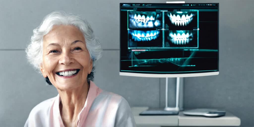 Elderly woman smiling, showing healthy teeth, with a monitor displaying innovative oral health products for seniors in the background.