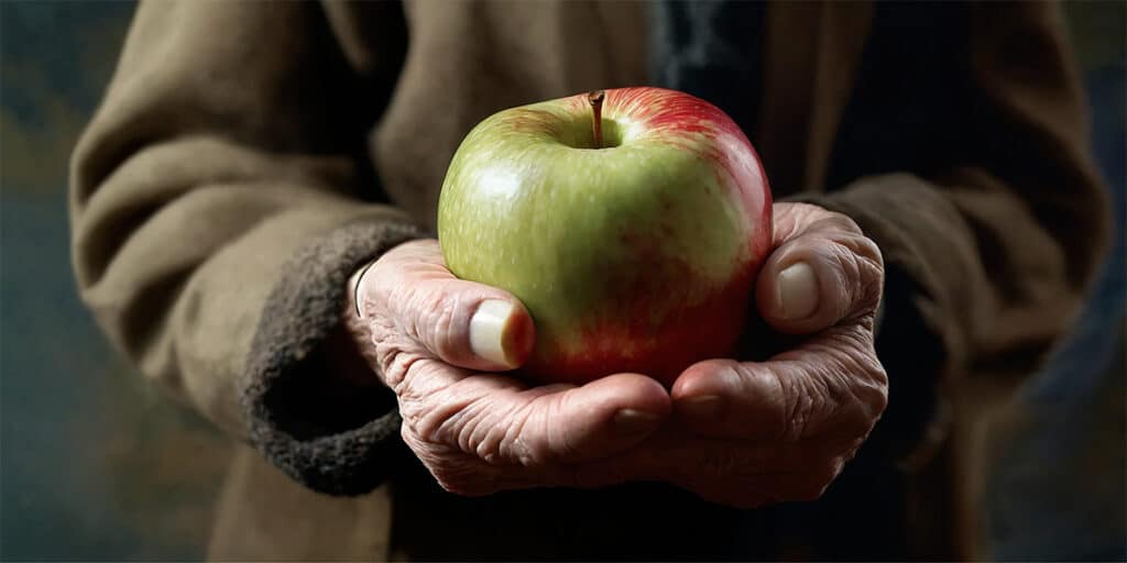 Elderly person holding an apple, symbolizing the link between nutrition and oral health for diabetics.