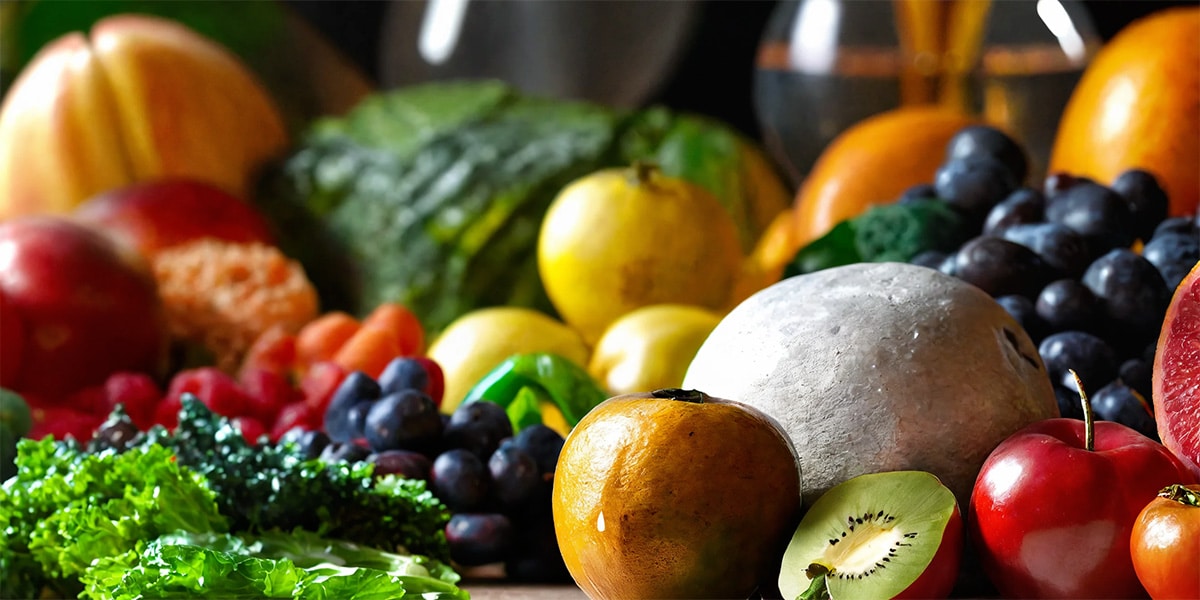 Assorted fruits and vegetables displayed to showcase their nutritional benefits for diabetics, highlighting items rich in vitamins, fiber, and antioxidants, important nutrients for diabetics that promote oral health.